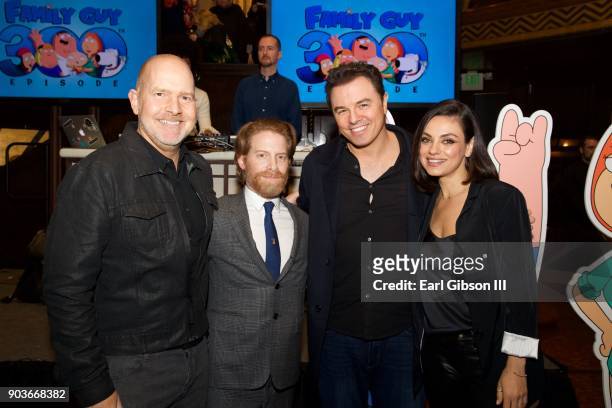 Mike Henry, Seth Green, Seth MacFarlane and Mila Kunis pose for a photo at Fox Celebrates 300th Episode of "Family Guy" at Cicada on January 10, 2018...