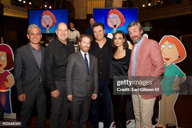 Rich Appel, Mike Henry, Seth Green, Seth MacFarlane, Mila Kunis and Alec Sulkin attend Fox Celebrates 300th Episode of "Family Guy" at Cicada on...