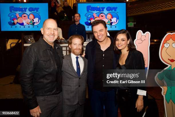 Mike Henry, Seth Green, Seth MacFarlane and Mila Kunis pose for a photo at Fox Celebrates 300th Episode of "Family Guy" at Cicada on January 10, 2018...