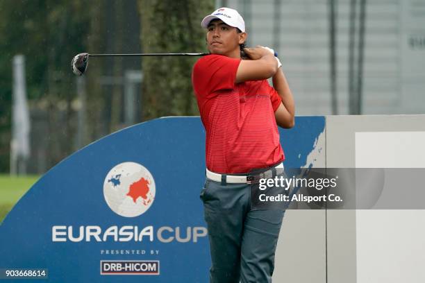 Gavin Green of Asia plays a tee shot on the 16th hole during the ProAm of the 2018 EurAsia Cup presented by DRB-HICOM at Glenmarie G&CC on January...