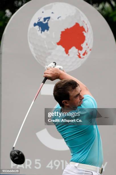 Paul Dunne of Europe plays a shot on the 5th hole during the ProAm of the 2018 EurAsia Cup presented by DRB-HICOM at Glenmarie G&CC on January 11,...