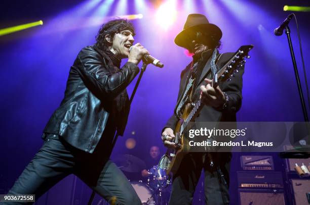 Singer Gary Cherone and recording artist Joe Perry perform during a Monster Inc. CES party at Brooklyn Bowl Las Vegas at The Linq Promenade on...