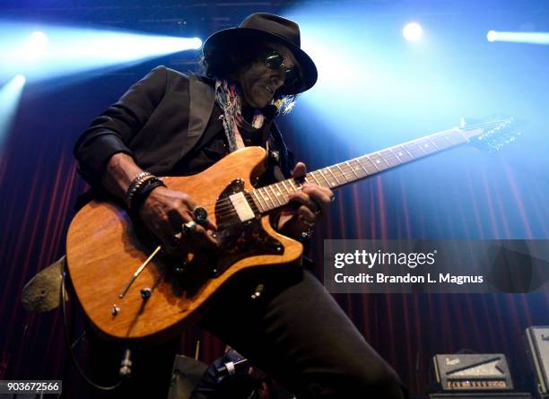 Recording artist Joe Perry performs during a Monster Inc. CES party at Brooklyn Bowl Las Vegas at The Linq Promenade on January 10, 2018 in Las...