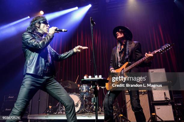 Singer Gary Cherone and recording artist Joe Perry perform during a Monster Inc. CES party at Brooklyn Bowl Las Vegas at The Linq Promenade on...