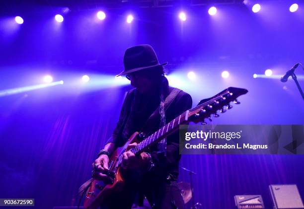 Recording artist Joe Perry performs during a Monster Inc. CES party at Brooklyn Bowl Las Vegas at The Linq Promenade on January 10, 2018 in Las...