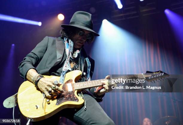 Recording artist Joe Perry performs during a Monster Inc. CES party at Brooklyn Bowl Las Vegas at The Linq Promenade on January 10, 2018 in Las...