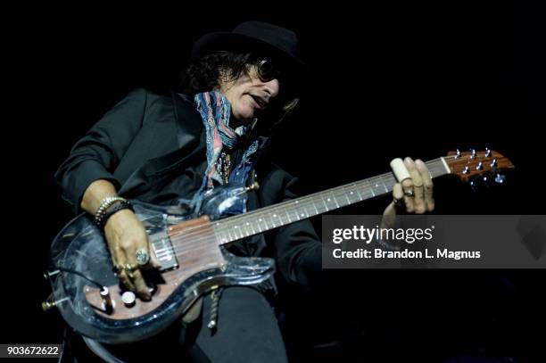 Recording artist Joe Perry performs during a Monster Inc. CES party at Brooklyn Bowl Las Vegas at The Linq Promenade on January 10, 2018 in Las...