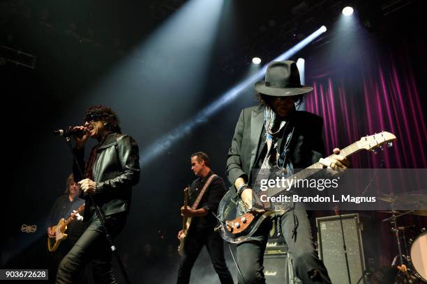 Singer Gary Cherone and recording artist Joe Perry performs during a Monster Inc. CES party at Brooklyn Bowl Las Vegas at The Linq Promenade on...