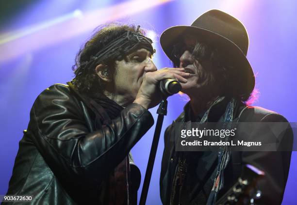 Singer Gary Cherone and recording artist Joe Perry perform during a Monster Inc. CES party at Brooklyn Bowl Las Vegas at The Linq Promenade on...