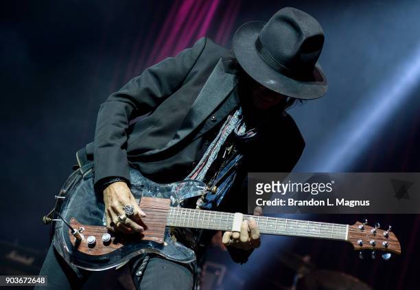 Recording artist Joe Perry performs during a Monster Inc. CES party at Brooklyn Bowl Las Vegas at The Linq Promenade on January 10, 2018 in Las...