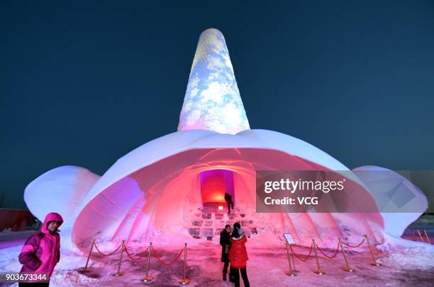 Visitors pose with a 30.5-metre-tall ice tower named "Flamenco Tower" during 2017 Harbin International Ice and Snow Construction Festival at Maple...