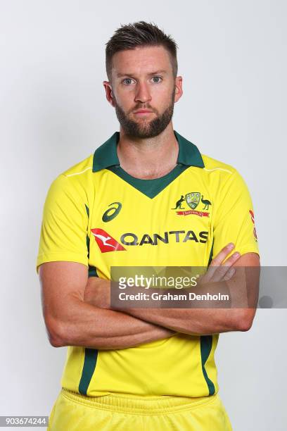 Andrew Tye of Australia poses during an Australia One Day International headshots session at the Melbourne Cricket Ground on January 11, 2018 in...