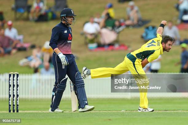 Chadd Sayers of CA XI bowls during the One Day Tour Match between the Cricket Australia XI and England at Drummoyne Oval on January 11, 2018 in...