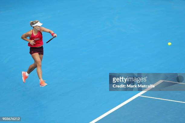 Angelique Kerber of Germany plays a forehand in her quarter final match against Dominika Cibulkova of Slovakia during day five of the 2018 Sydney...