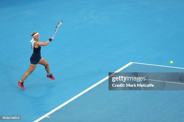 Dominika Cibulkova of Slovakia plays a forehand in her quarter final match against Angelique Kerber of Germany during day five of the 2018 Sydney...