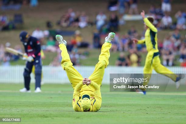 Matt Renshaw of CA XI catches Jason Roy of England during the One Day Tour Match between the Cricket Australia XI and England at Drummoyne Oval on...