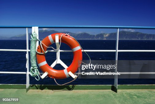 Ship railing with save circle flotation device Ship railing with save circle flotation device