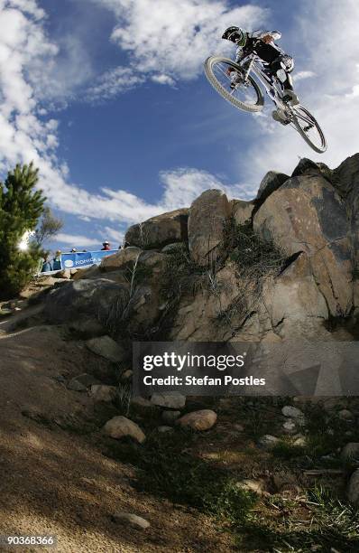 Wyn Masters of New Zealand in action in the elite men's downhill race during the 2009 Mountain Bike & World Trials World Championship held at Mt...