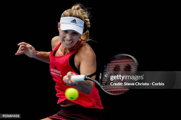 Angelique Kerber of Germany plays a forehand in her quarterfinal match against Dominika Cibulkova of Slovakia during day five of the 2018 Sydney...