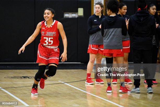 St. John's Cadets Azzi Fudd a starting freshman, is introduced before the game against the Paul VI Panthers January 03, 2018 in Fairfax, VA.