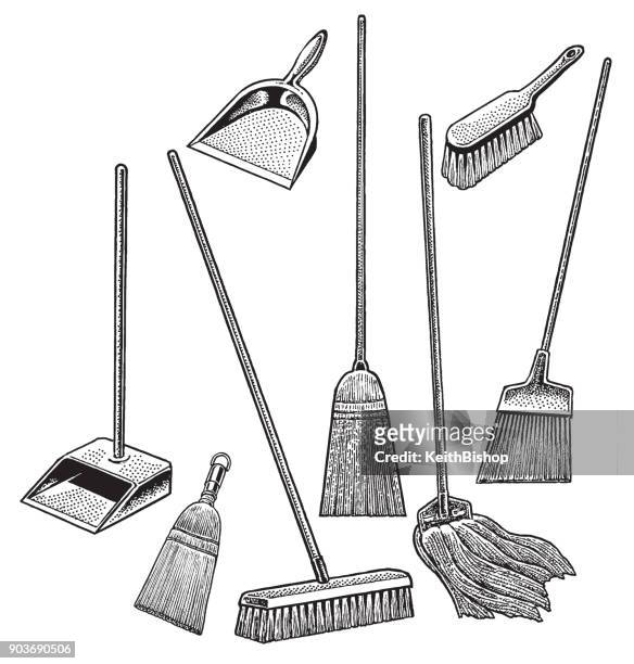 cleaning supplies, broom, mop, dustpan - broom stock illustrations