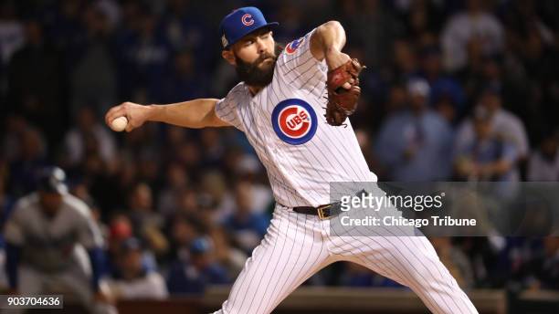 Chicago Cubs starting pitcher Jake Arrieta works against the Los Angeles Dodgers during Game 4 of the National League Championship Series at Wrigley...