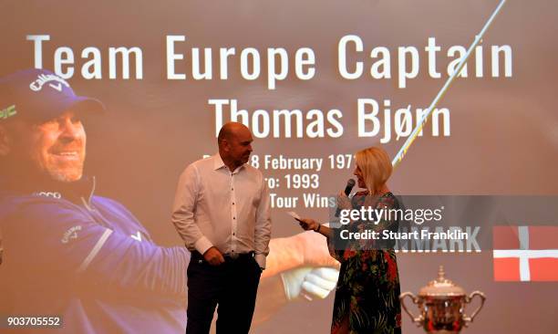 Thomas Bjorn, Captain of Team Europe is interviewed by Kate Burton during the opening ceremony prior to the start of the Eurasia Cup at Glenmarie...