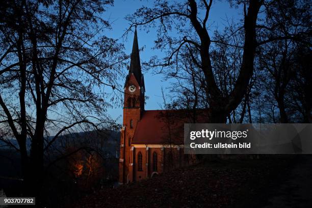 Katholische Kirche Sankt Nikolaus Bad Abbach beleuchtete Kirche vor blauem Abendhimmel zwischen Baumaesten