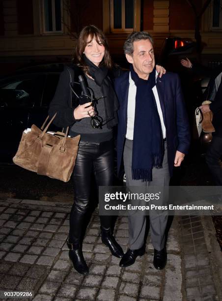 Carla Bruni and Nicolas Sarkozy are seen arriving at Santo Mauro Hotel after Carla Bruni's concert on January 10, 2018 in Madrid, Spain.