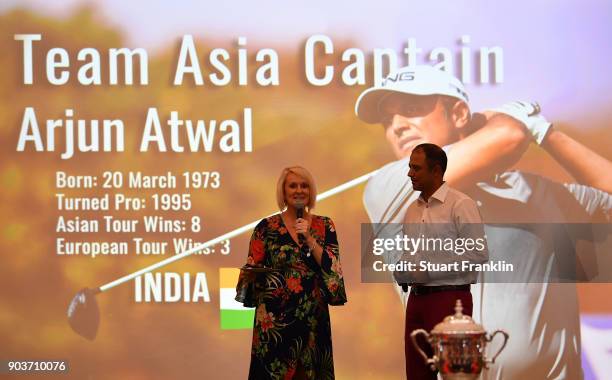 Arjun Atwal, Captain of Team Asia is interviewed by Kate Burton during the opening ceremony prior to the start of the Eurasia Cup at Glenmarie G&CC...