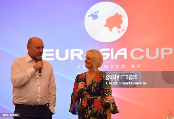 Thomas Bjorn, Captain of Team Europe is interviewed by Kate Burton during the opening ceremony prior to the start of the Eurasia Cup at Glenmarie...