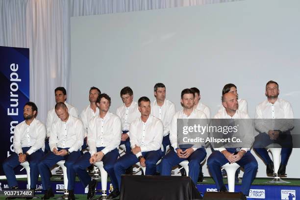 Team Europe seated on stage during the opening ceremony prior to the start of the Eurasia Cup presented by DRB-HICOM at Glenmarie G&CC on January 11,...