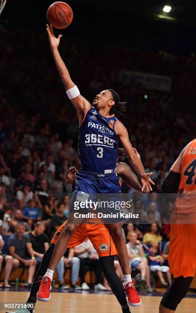 Josh Childress of the Adelaide 36ers drives to the basket during the round 14 NBL match between the Adelaide 36ers and the Cairns Taipans at Titanium...