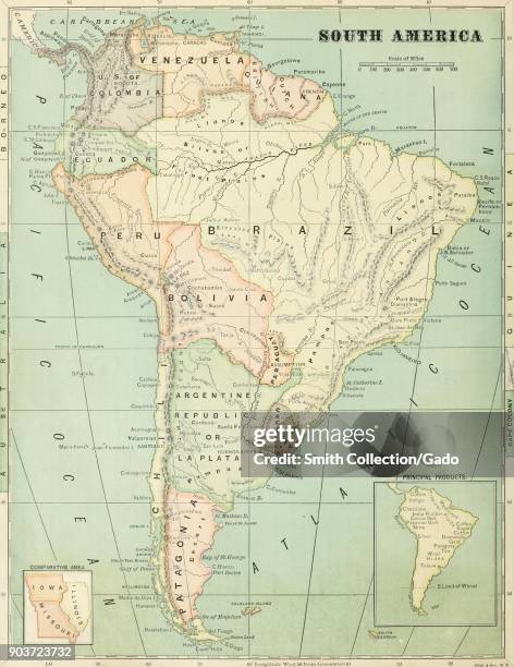 Color map of South America, with a scale, color-coded regions, and insets to illustrate comparative land mass and principal products, from the volume...