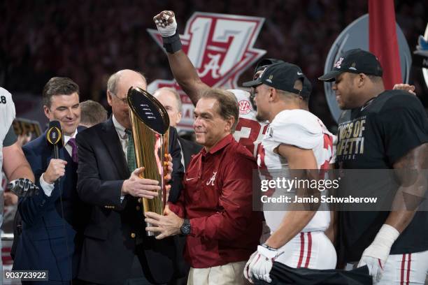 Head Coach Nick Saban of the Alabama Crimson Tide celebrates after defeating the Georgia Bulldogs during the College Football Playoff National...