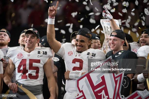 Jalen Hurts of the Alabama Crimson Tide celebrates after defeating the Georgia Bulldogs during the College Football Playoff National Championship...