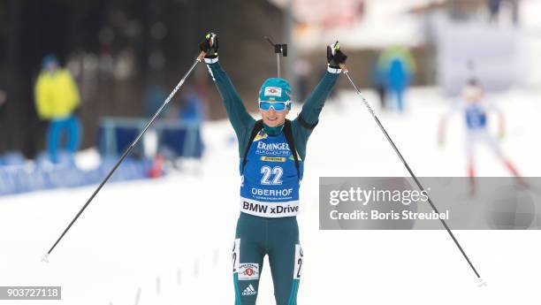 Vita Semerenko of Ukraine celebrates during the 10 km IBU World Cup Biathlon Oberhof women's Persuit on January 7, 2018 in Oberhof, Germany.