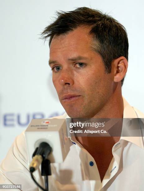 Team Europe Paul Casey speaks at the press conference prior to the start of the 2018 EurAsia Cup presented by DRB-HICOM at Glenmarie G&CC on January...