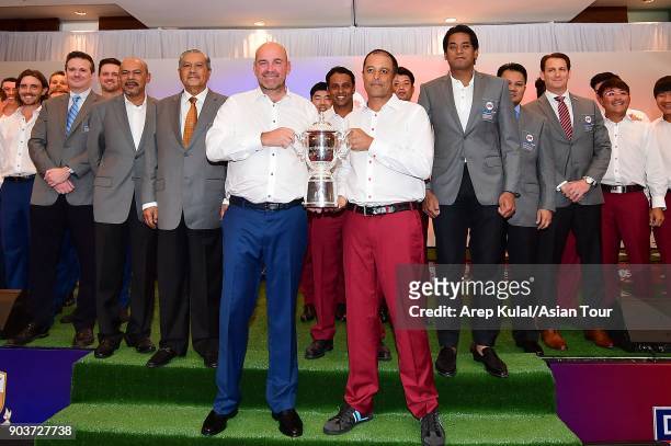 Team Europe and Team Asia pose during the opening ceremony of Eurasia Cup 2018 presented by DRB HICOM at Glenmarie G&CC on January 11, 2018 in Kuala...