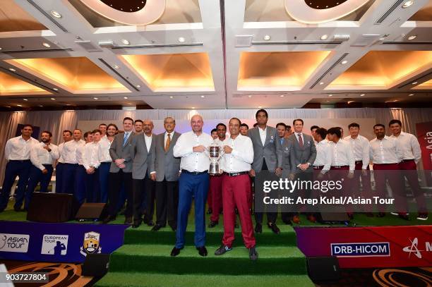 Team Europe and Team Asia pose during the opening ceremony of Eurasia Cup 2018 presented by DRB HICOM at Glenmarie G&CC on January 11, 2018 in Kuala...