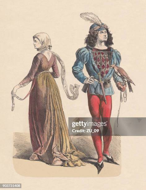stockillustraties, clipart, cartoons en iconen met franse kostuums, laatste helft van de 15e eeuw, gepubliceerd c.1880 - falconry
