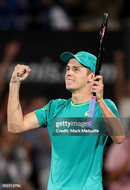 Alex de Minaur of Australia celebrates winning match point in his quarter final match against Feliciano Lopez of Spain during day five of the 2018...