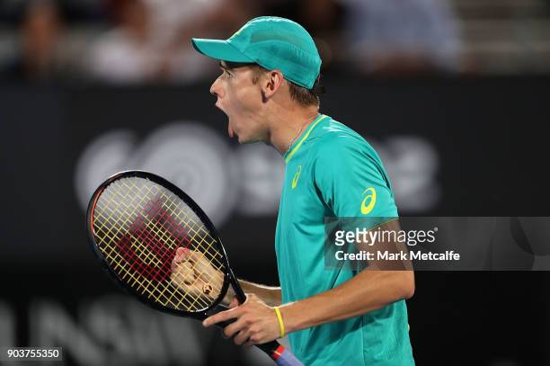 Alex de Minaur of Australia celebrates winning a point in his quarter final match against Feliciano Lopez of Spain during day five of the 2018 Sydney...
