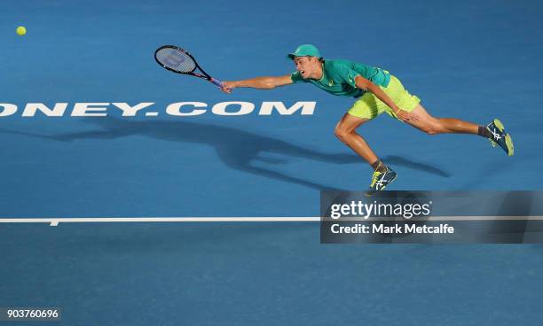 Alex de Minaur of Australia lunges for a forehand in his quarter final match against Feliciano Lopez of Spain during day five of the 2018 Sydney...