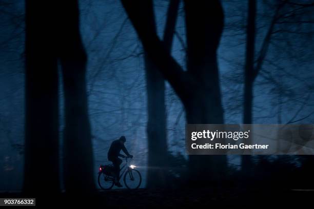 Cyclist rides through a forest during foggy weather on January 10, 2018 in Berlin, Germany.