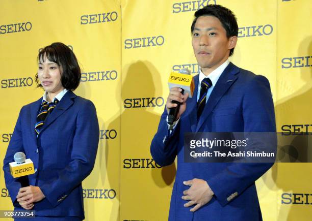 Sprinters Chisato Fukushima and Ryota Yamagata attend a press conference on January 11, 2018 in Tokyo, Japan.