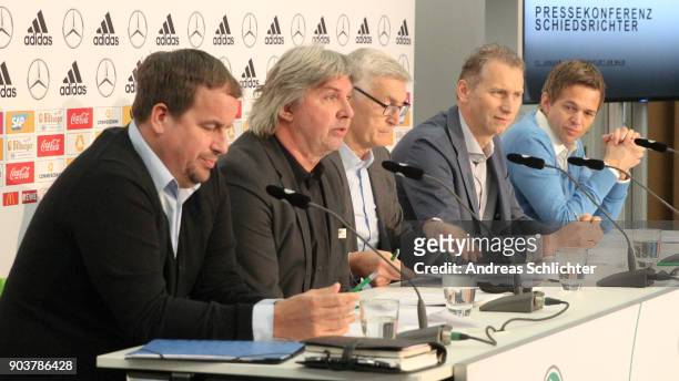 Stephan Brause, Ronny Zimmermann, Lutz Froehlich, DFL and DFB Director Ansgar Schwenken and Jochen Drees during the DFB Referee Press Conference at...