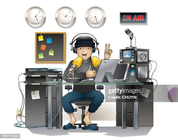 ilustrações, clipart, desenhos animados e ícones de tempos de rádio - locutor de rádio dj