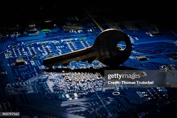 Berlin, Germany Symbolic photo on the topic of Data security. A Key lies on the board of a computer on January 11, 2018 in Berlin, Germany.