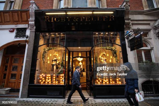 British lingerie retailer Rigby & Peller stands with its royal warrant removed on Hans Road in Knightsbridge on January 11, 2018 in London, England....